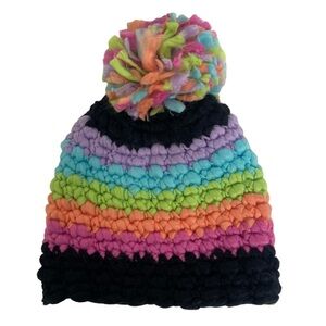 NEW Nordstrom Striped Winter Hat Beanie Pom Pom One Size BP Black‎ Multicolour